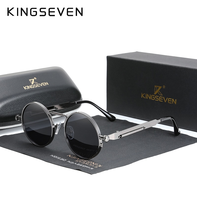 Kingseven คุณภาพสูง โกธิค สตีมพังก์ แว่นกันแดด โพลาไรซ์ ผู้ชาย ผู้หญิง แบรนด์ ออกแบบวินเทจ กรอบโลหะกลม แว่นตากันแดด