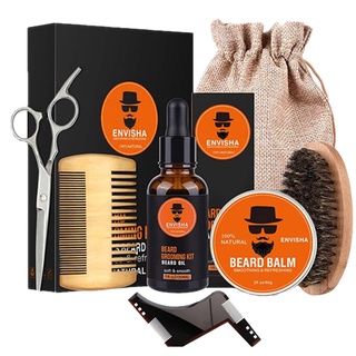 7pcs/set Men Barba Beard Kit Styling Tool Beard Essence Oil Comb Moustache Balm Moisturizing Wax Styling Scissors