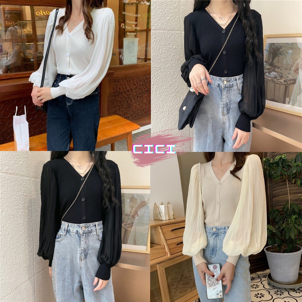 ส่งทันที Cici(NO. 5737)เสื้อแขนยาวคอวีผ้าพลีท ดีเทลแขนพอง ผ้านิ่มยืดใส่สบายมาก ทรงสวยใส่แมทช์ลุคeverydayก็ได้