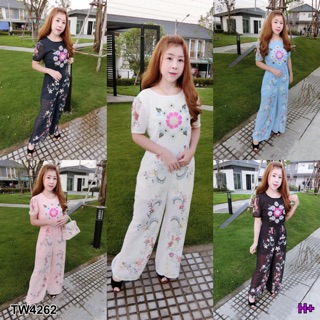 TwinsShopVip💗พร้อมส่ง TW4262 จั้มสูทขายาว แพทเทินเรียบๆใส่สบายฝุดๆ Long-sleeved jumpsuit. Simple pattern. Comf