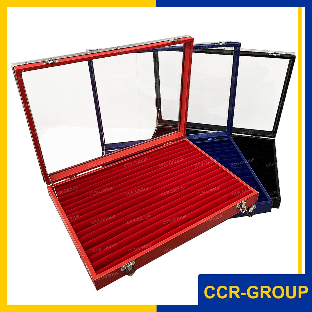 กล่องกระจกรอนโชว์แหวน กันฝุ่น ลม แข็งแรงทนทาน สีแดง สีน้ำเงิน และสีดำ ใช้โชว์วางขายหรือเก็บให้สวยงาม