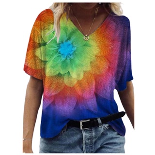 ใหม่ เสื้อยืดลําลอง แขนสั้น คอวี พิมพ์ลายใบไม้ 3D สีมัดย้อม ไล่โทนสี แฟชั่นฤดูร้อน สําหรับสตรี 2022
