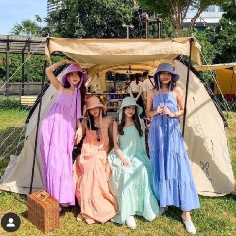 Sale!!! ขายต่อสีฟ้า 1 ชุด 160 บาท ส่งฟรี Dress set ชุดเดรสสายเดี่ยว+หมวกปีกกว้าง มียางสม็อกหลัง งานด