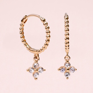 Grace Fine Jewelry ต่างหูห่วงทองแท้ 9K Clover charm  with White Sapphire