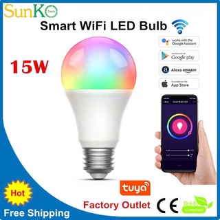 หลอดไฟ LED WiFi 15W Tuya รีโมตคอนโทรล E27 (จัดส่งฟรี) หลอดไฟ LED RGB โคมไฟเปลี่ยนสีได้ เข้ากันได้กับ Alexa