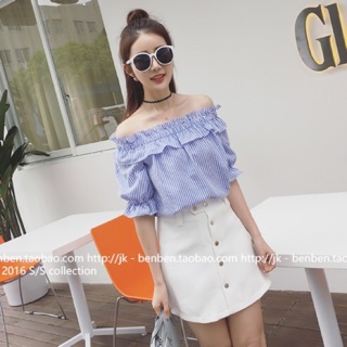 TJ เสื้อแฟชั่น แขนสั้น เปิดสม๊อคไหล่ ลายทาง สีฟ้า รหัสสินค้า MY9178 ฟ้า