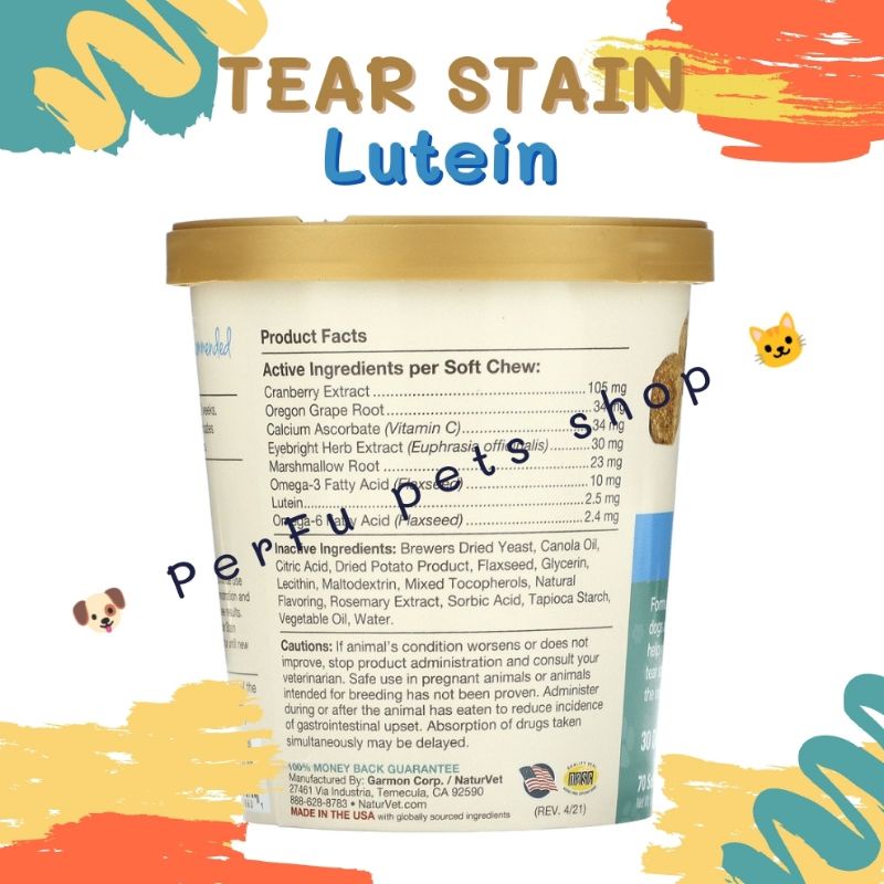 Tear Stain PLUS Lutein   ลดคราบน้ำตา คราบเหลืองบนหน้า บำรุงสายตา สุนัข-แมว น้ำยาเช็ดตา อ่านรายละเอียดก่อนสั่งซื้อ ราคา ถูกที่สุด ดีลบีเคเค แกลเลอรีภาพที่ 3