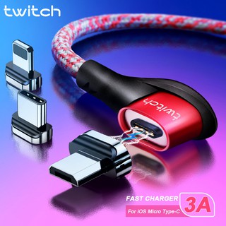 Twitch แม่เหล็กสาย USB ขนาดเล็ก Type C ไฟ LED แสดงสถานะทนทานไนล่อนถักไฟเบอร์ 90 องศา USB C สายเคเบิ้ลสำหรับ iPhone ซัมซุง Xiaomi แม่เหล็กชาร์จ 3A อย่างรวดเร็วชาร์จสายข้อมูลลวด 1 เมตร/2 เมตรสีเทา/สีแดง/สีฟ้า