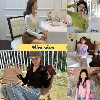 Mini shop🌸พร้อมส่ง🌸(1678) เสื้อไหมพรมแขนยาว คอปก ดีเทล สายเชือกรูดปรับได้ เก๋มาก