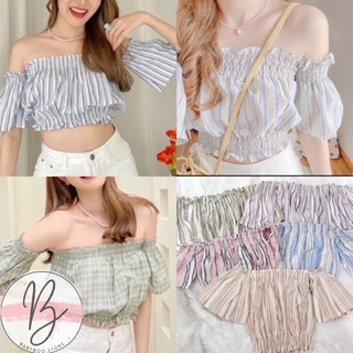 💖Babyboo💖 พร้อมส่ง 🌈 งานสุดฮิตใน ติ๊กต๊อก สวยน่ารักทุกสี เสื้อเปิดไหล่  ลายริ้วสี เป็นเกาะเย็บต่อแขนทรงกระดิ่ง