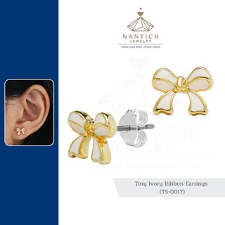 💎👩🏻‍⚕️ [เครื่องประดับ | ปลอดภัย] ต่างหู คนแพ้ง่าย : Tiny Ivory Ribbon Earrings (TS-0017) Nantich Jewelry