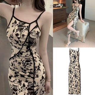 Womens Sleeveless Cheongsam Costume, Chinese Traditional Printed Side Slit Bodycon Dress