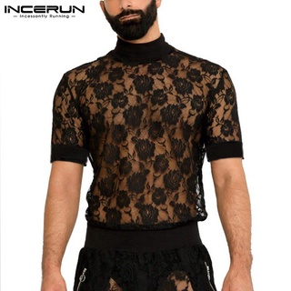 Incerun เสื้อท็อปคอสูงแขนสั้นซีทรูลายดอกไม้สําหรับผู้ชาย
