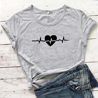 เสื้อยืด Heartbeat Love Graphic T Shirts Women Short Sleeve Cotton Tshirt Women Tops White Camiseta Mujer Casual Tee