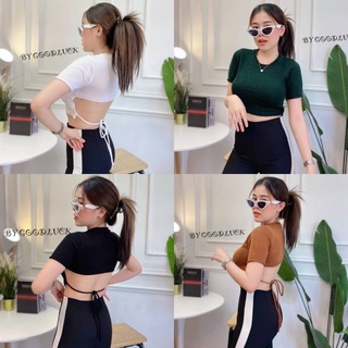 🌈 SpinnyHouse 🌈 เสื้อโชว์หลัง 💕💕CROPTOP ✅สาวอวบใส่ได้✅แขนสั้น เชือกผูกหลัง เสื้อครอป เสื้อเว้าหลัง 263 ฟ้าร้อง E603D