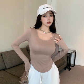 Suxi Womens Spring and Autumn Solid Color Hot Girl U-neck Sexy All-match Slim Fit Long-sleeved Top