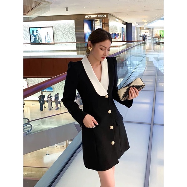 Charissa เดรสสูทแขนยาวสีดำ ปกขาว สวยหรู ใส่ทำงาน ออกงาน