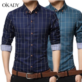 OKADY เสื้อเชิ้ตแขนยาวผู้ชายธุรกิจลายลายสก๊อตปกเสื้อแฟชั่นลำลองแขนยาวบางเฉียบ