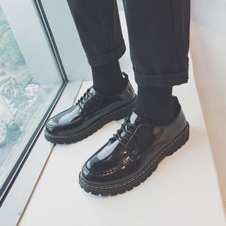 🔥จัดส่งในกรุงเทพฯ 🚚Men's Leather Shoes Black Bright Leather Round Toe Student Lace Up Youth Men's Casual Shoes
