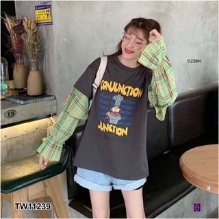 J11239 เสื้อต่อแขนระบายลายสก็อตอกสกรีนการ์ตูน