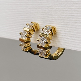 Triple Gem Huggies, 18K Gold Plated Sterling Silver Earrings E0105 | เงินแท้ 925 ชุบทองเเท้ 18 กะรัต