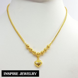 Inspire Jewelry ,สร้อยคอ ลายลูกเต๋าไข่ปลาห้อยหัวใจตอกลาย หุ้มทองแท้ 100% 16 นิ้ว หนัก 1 บาท พร้อมถุงกำมะหยี่          .