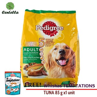 Pedigree ADULT CHICK+LIVER 3 kg x1 unit Free Whiskas TEMPTATIONS TUNA 85 g x1 unit