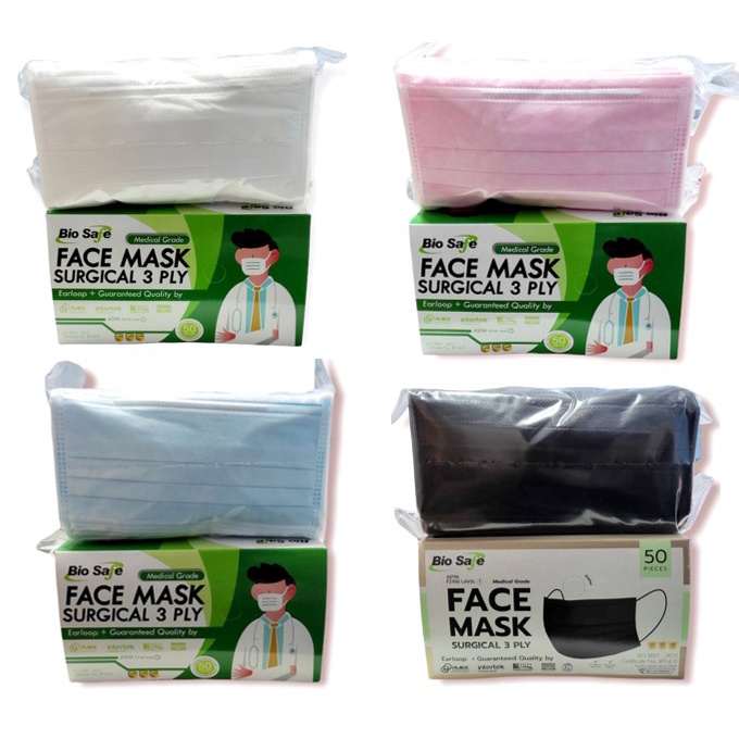 พร้อมส่ง++ หน้ากากอนามัย  3 ชั้น biosafe เกรดรพ. สีเขียว/ฟ้า/ขาว/ชมพู/ดำ 50 ชิ้นต่อกล่อง