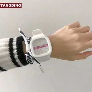 【COD Tangding】นาฬิกาข้อมือควอตซ์ หน้าปัดสี่เหลี่ยม สีพื้น เข้ากับทุกการแต่งกาย สไตล์เกาหลี สําหรับผู้ชาย และผู้หญิง