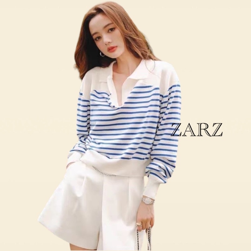 ZARZ.SHOP พร้อมส่ง*เสื้อลายทางปกสีเกาลี+วินเทจ 8281
