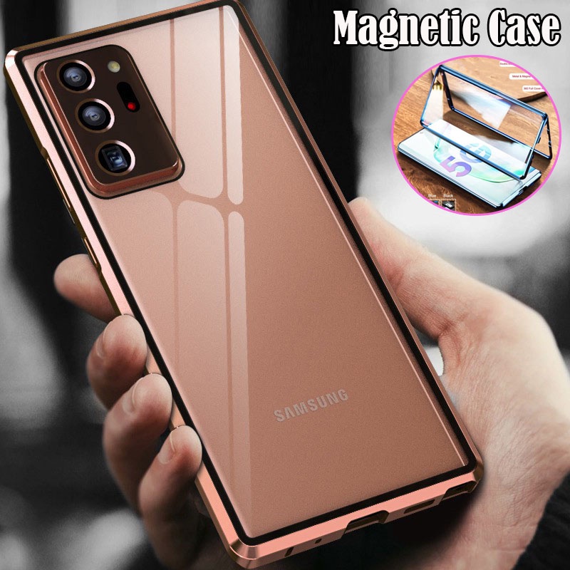 เคสโทรศัพท์มือถือกระจกนิรภัย แบบแข็ง ฝาพับแม่เหล็ก สองด้าน สําหรับ Samsung Galaxy Note 20 Ultra Note 20 Note 10 Note 10 Plus S24 S24 Plus S24 Ultra