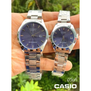 CASIO สายเหล็กเงินตัวคู่ มีวันที่ใช้ได้จริง รับประกันถ่าน 1 ปี รหัสสินค้า 2061