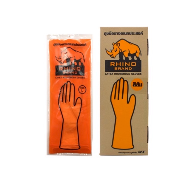 #ถุงมือยางสีส้ม ถุงมือยางอเนกประสงค์  RHINO BRAND เบอร์ L ( 1กล่อง /12 คู่)