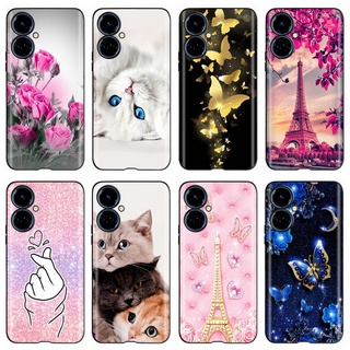 Tecno Camon 19 / Camon 19 Pro 4G / Camon 19 Pro 5G เคสซิลิโคน TPU นิ่ม ลายผีเสื้อ แมวน่ารัก สีดํา