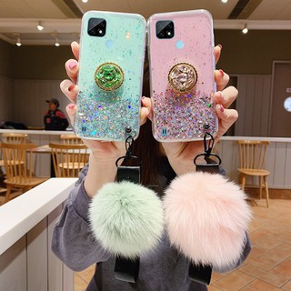 เคส เรียวมี C25Y Realme C21 C21Y C25s C25 C17 C12 C11 2021 Narzo 30A 20 Pro Realme 7 5G X7 Pro 7i Luxury Rhinestone Ring Holder Strap Fur Ball Clear Star Space TPU Softcase เคสโทรศัพท์  Realme25Y RealmeC21