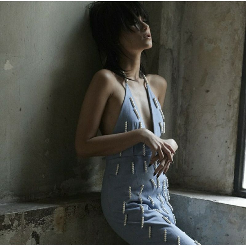 JANESUDA UK6 อก 32" เอว 24-25" สพ 34-36" จั๊มพ์ยีนส์ประดับมุกทั้งตัว สวยมาก ไม่มีตำหนิ มุกอยู่ครบทุก