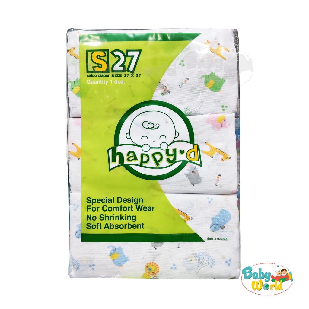 ผ้าอ้อม ผ้าสาลู / ผ้าสำลี Happy D ขนาด 27x27 แพค 12 ชิ้น คละลาย ⭐️Babyworld⭐️