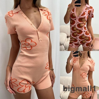 BIGMALL-Women Summer Knitted Flowers Lapel V-Neck Buttons Short Sleeve Playsuit