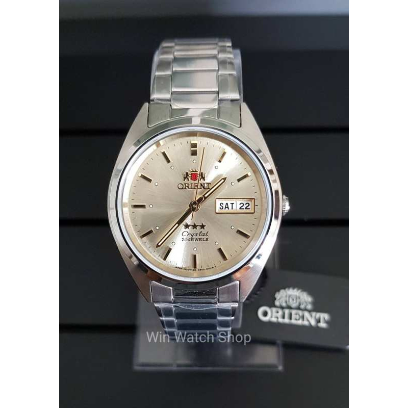 Win Watch shop นาฬิกา Orient 3 Star Crystal Automatic 21 Jewels นาฬิกาผู้ชาย รุ่น ORAB00005C ระบบออโตเมติก  หน้าปัดทอง