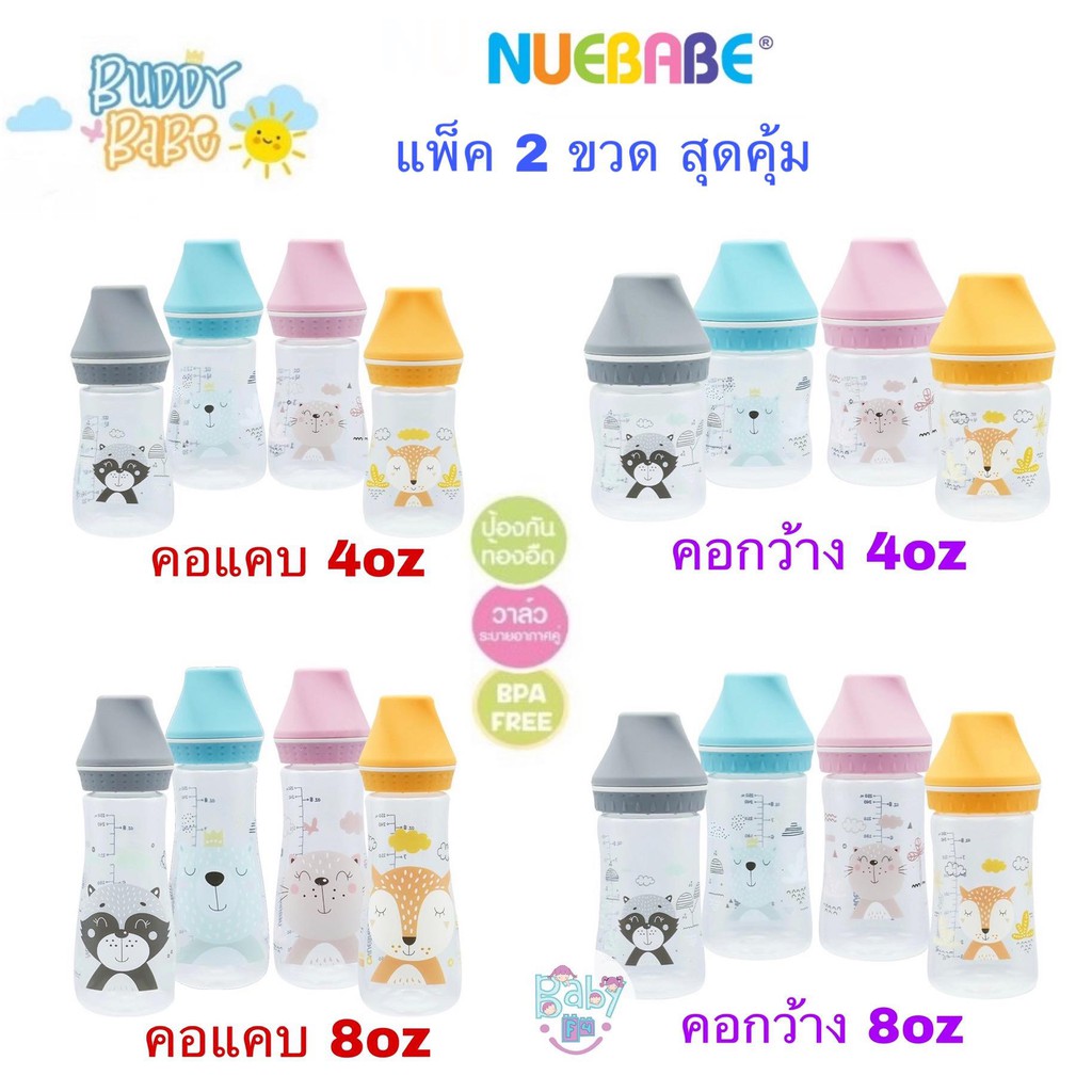 Nuebabe Buddy Babe ขวดนม คอแคบ คอกว้าง 4oz 8oz แพ็คคู่