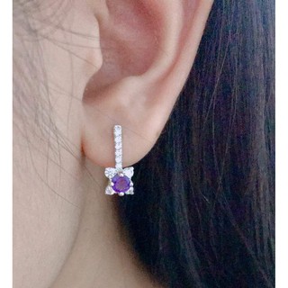 ต่างหูพลอยแท้อเมทิสต์(Amethyst) หินแห่งการบำบัดปัดเป่าสิ่งชั่วร้าย ประดับเพชรรัสเซียสีขาว เงินแท้ 925 GE1685