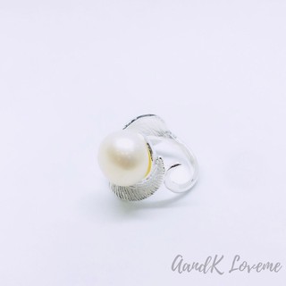 แหวนเงินแท้ทรงใบไม้ ประดับด้วยไข่มุก (Freshwater Pearl)