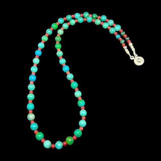 สร้อยคอ หินเทอร์ควอยส์ และ หินปะการัง ทรงกลม Turquoise &amp; Coral Round Beads Necklace Handmade Gemstone Jewelry