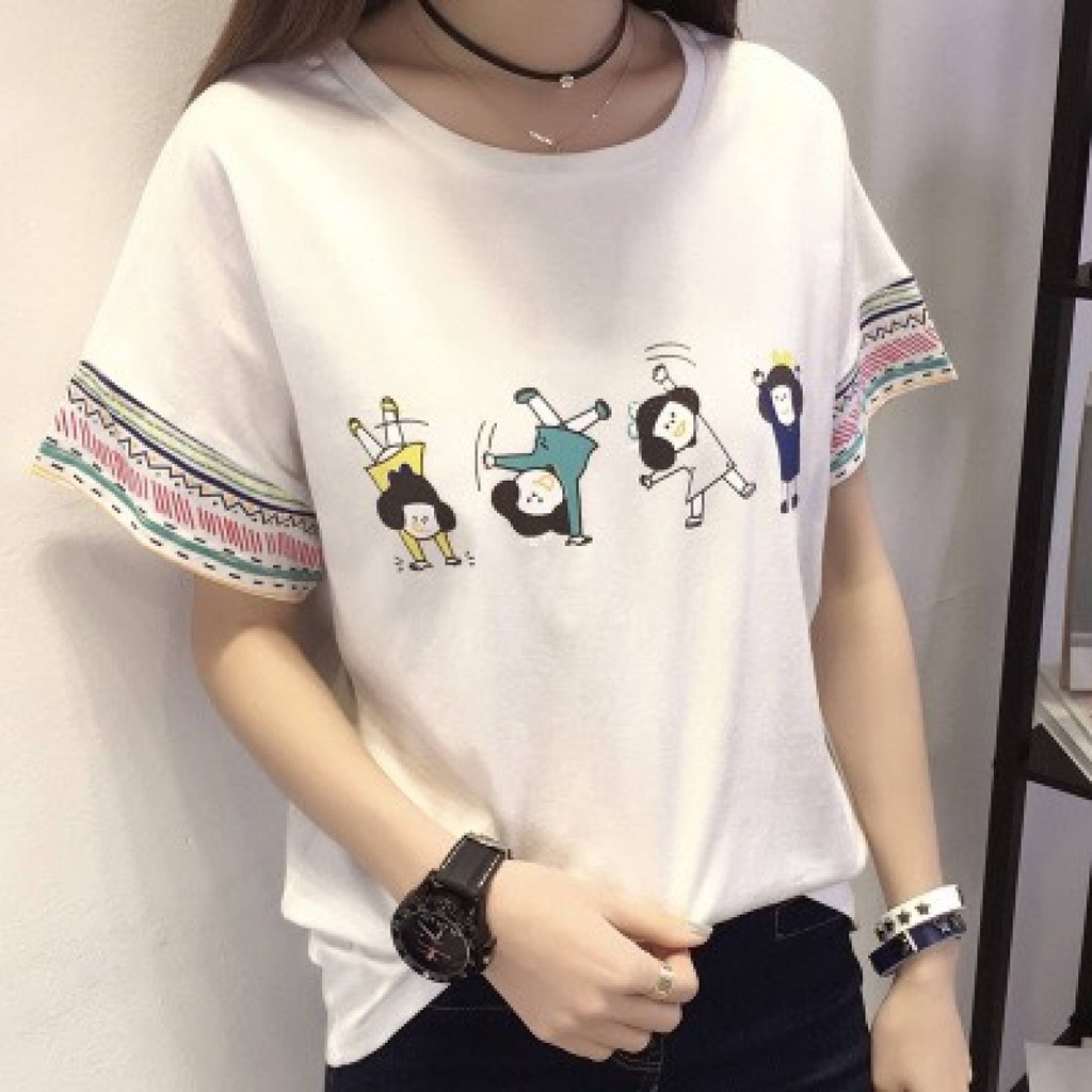 NEWเสื้อยืดแฟชั่นคอกลมผู้หญิง แขนสั้น ผ้าเนื้อดี ลายเด็กหญิง แต่งแขนสวยเก๋ ใส่สบาย สไตล์เกาหลีรุ่น A-109