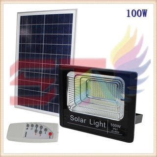 โคมไฟโซล่าเซล์ Solar lights แสงสีขาว แสงสีวอร์ม สีเหลือง ไฟโซล่าเซลล์ โคมไฟสปอร์ตไลท์ 100W SMD 60เม็ด พร้อมรีโมท