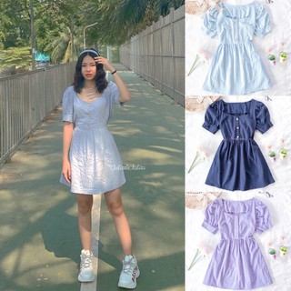 🐰เดรสคอเหลี่ยมแขนตุ๊กตากระดุมหน้า สีพื้นผ้าลินิน