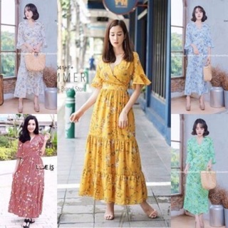 Maxi Dress แม๊กซี่เดรสตัวยาว แขนระบาย คอวีไขว้ สุดเก๋ เนื้อผ้าพิมพ์ลวดลายดอกทั้งตัว