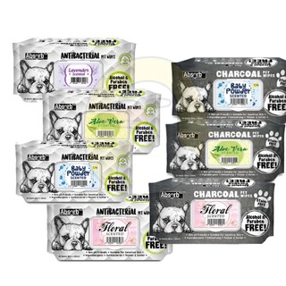 Absorb Plus Pet Wipes Antiracterial / Charcoalผ้าเปียก ทิชชู่เปียกสำหรับสัตว์เลี้ยง ปริมาณ 80แผ่น