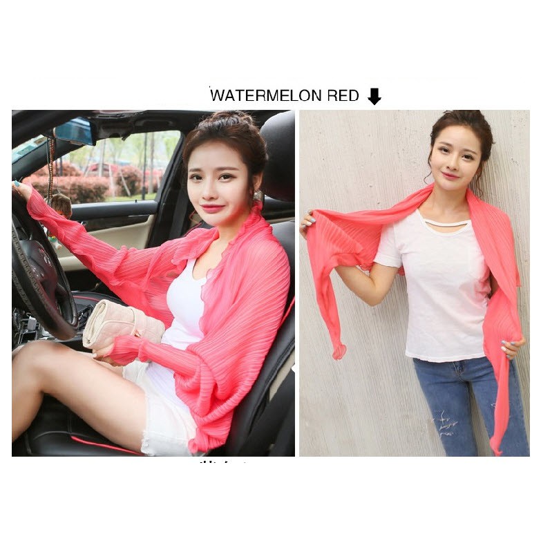 ผ้าคลุมไหล่ สวมแขนได้ กันแดด กันหนาว ผ้าพันคอ มี 9 สี ผ้าชีฟองจับจีบ # 9999 W5oN