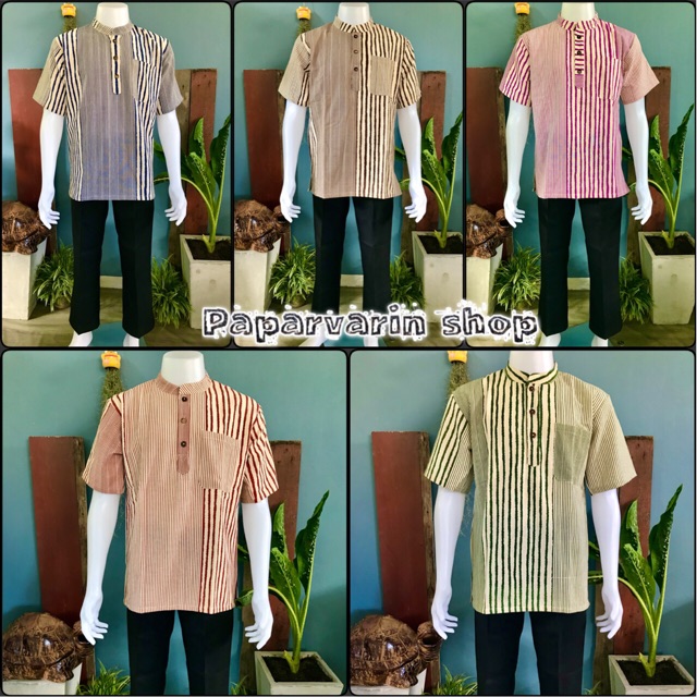 เสื้อพื้นเมือง เสื้อพื้นเมืองผู้ชาย เสื้อผ้าฝ้ายธรรมชาติพื้นเมือง พิมย์ลายเส้น คอจีนแขนสั้นไซส์ M42 